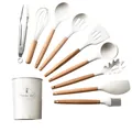 Set di 11 utensili da cucina in silicone bianco con manici in legno e secchiello portaoggetti - Stile B da 9 Pezzi / Con Supporto