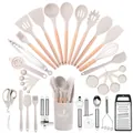 Juego completo de 44 utensilios de cocina de silicona crema con mangos de madera - Juego de 44 piezas / Caqui