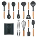12-teiliges hitzebeständiges Silikon-Küchenhelfer-Set mit Holzgriffen und praktischer Halterung - 12-Teiliges Set