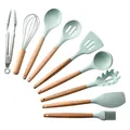 Juego de utensilios de cocina de silicona verde menta con mangos de madera para sarten - Kit de 9 Piezas B (Sin Cubo)