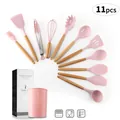 11-piece pink silicone kitchen utensil set with natural wooden handles and storage bucket - 11 Pieces Set (With Bucket) / Color Box