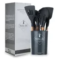 Dark grey silicone kitchen utensil set with wooden handles and storage bucket in box - 11-Piece Set With Holder (Color Box)