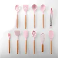 11-piece pink silicone kitchen utensil set with natural wooden handles for non-stick pans - 11 Pieces Set Without Bucket / Color Box