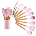 Pink silicone kitchen utensil set with wooden handles in matching storage bucket - 9B (With Storage Bucket)