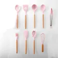 Pink silicone kitchen utensil set with natural wooden handles for non-stick cookware usage - 9B (Without Bucket)