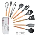 Professional dark grey silicone kitchen utensil set with natural wooden handles - 9-Piece Set Style B (Color Box)