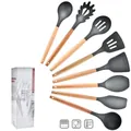 Dark grey silicone kitchen utensil set with natural wood handles and storage box - 8-piece Set