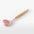 Pink silicone soup ladle with ergonomic wooden handle for non-stick cookware usage - Soup Spoon