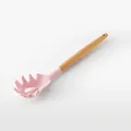 Pink silicone pasta server with a natural wooden handle for non-stick kitchenware. - Pasta Server