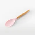 Pink silicone cooking spoon with ergonomic wooden handle for non-stick cookware - Solid Turner