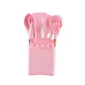 Comprehensive 13-piece pink silicone kitchen utensil set featuring wooden handles and storage bucket - Pink