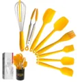 Juego de 8 utensilios de cocina de silicona amarillo brillante con soporte incluido - Juego de 8 Piezas (Con Cubo Y Caja de Color)