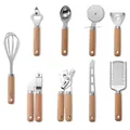 9-piece stainless steel kitchen tool set with wooden handles on white background - 9-Piece Set (Color Boxed)