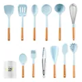 12-piece light blue silicone kitchen utensil set with wooden handles and storage bucket - 12pcs Set