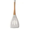 Espátula ranurada de silicona blanca con mango de madera para cocina antiadherente. - Espátula ranurada