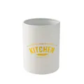 White cylindrical kitchen utensil holder and storage tube with yellow text print - Storage Bin