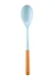 Light blue silicone cooking spoon with a natural wooden handle for nonstick cookware - Small Soup Spoon