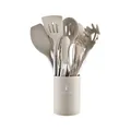 Premium beige silicone kitchen utensil set with stainless steel handles and holder - 12-Piece Round Bucket Set / Khaki