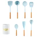 Blue silicone kitchen utensils set with wooden handles and white storage tube - 7-Piece Set