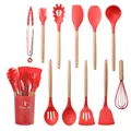 Red 12-piece silicone kitchen utensil set with heat-resistant natural wooden handles - Red