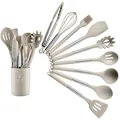 Premium 13-piece beige silicone kitchen utensil set featuring stainless steel handles - 9-Piece Round Bucket Set / Khaki