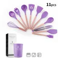 11pcs purple silicone kitchen utensil set with wooden handles including storage bucket - Purple