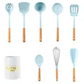 Complete blue silicone kitchen utensil set with ergonomic wooden handles and storage bucket - 8-piece Set
