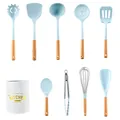 Sky blue silicone kitchen utensil set with natural wooden handles and white storage holder - 9-Piece Set