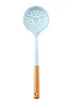 Blue silicone slotted spoon skimmer with natural wooden handle for non-stick cookware - Slotted Spoon