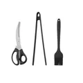3-teiliges Grillset mit Edelstahlschere, Zange und Silikonpinsel für BBQ und Küche - Schwarzes Silikon Zange 3-teiliges Set