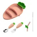 Carrot-shaped silicone baby feeding set includes divided plate, spoon, fork, and straw - Pink