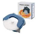 Stainless steel pizza cutter wheel with blue protective cover and retail box packaging. - Blue
