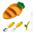 Carrot-shaped silicone baby plate and cutlery set with suction base and straw - Yellow