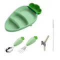 Carrot-shaped silicone baby plate set with stainless steel spoon, fork and straw brush - Green