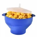 Large collapsible blue silicone popcorn bowl with transparent lid for microwave use - Blue