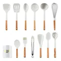 12-piece cream white silicone kitchen utensils set with wooden handles and storage bucket - 12pcs Set