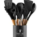 14-piece black silicone kitchen utensil set with wooden handles and holder - 12pcs Set / Black