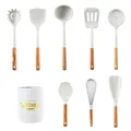 Creamy white silicone cooking utensils set with short wooden handles and storage holder - 8-piece Set