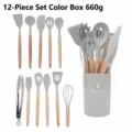 Grey 12-piece silicone kitchen utensil set with wooden handles and bucket organizer - 12 Pieces (660g) / Khaki