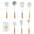 Creamy white silicone kitchen utensil set with wooden handles and storage canister - 7-Piece Set