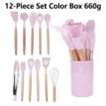 12-piece pink silicone kitchen utensil set with wooden handles and storage bucket - 12 Pieces (660g) / Pink