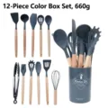 12-piece silicone kitchen utensil set with wooden handles and storage bucket in dark grey - 12 Pieces (660g) / Dark Gray