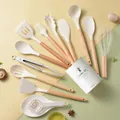 14-piece cream silicone kitchen utensil set with natural wood handles and storage bucket - 14 Pieces (Includes Spoon Rest + Egg Separator) / White