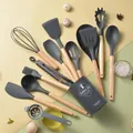 14-piece grey silicone kitchen utensil set with wooden handles and storage bucket - 14 Pieces (Includes Spoon Rest + Egg Separator) / Dark Gray