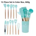 12-piece mint green silicone kitchen utensil set with wooden handles and bucket - 12 Pieces (660g) / Lake Green