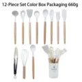 12-piece white silicone kitchen utensil set with wooden handles and storage bucket - 12 Pieces (660g) / White