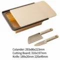 Multifunctional beige collapsible drain basket with cutting board and two knife set - Draining Basket 3-Piece Set / Khaki