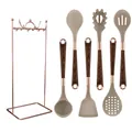 7-piece silicone kitchen utensil set with wood grain handles and rose gold storage rack - Set With Wire Rack / Khaki