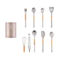 Grey silicone kitchen utensil set with wood handles and matching storage bucket for cooking - 9-Piece Set with Round Bucket / Khaki