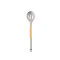 Gray silicone slotted spoon with natural wooden handle and non-slip tail grip - Slotted Spoon
